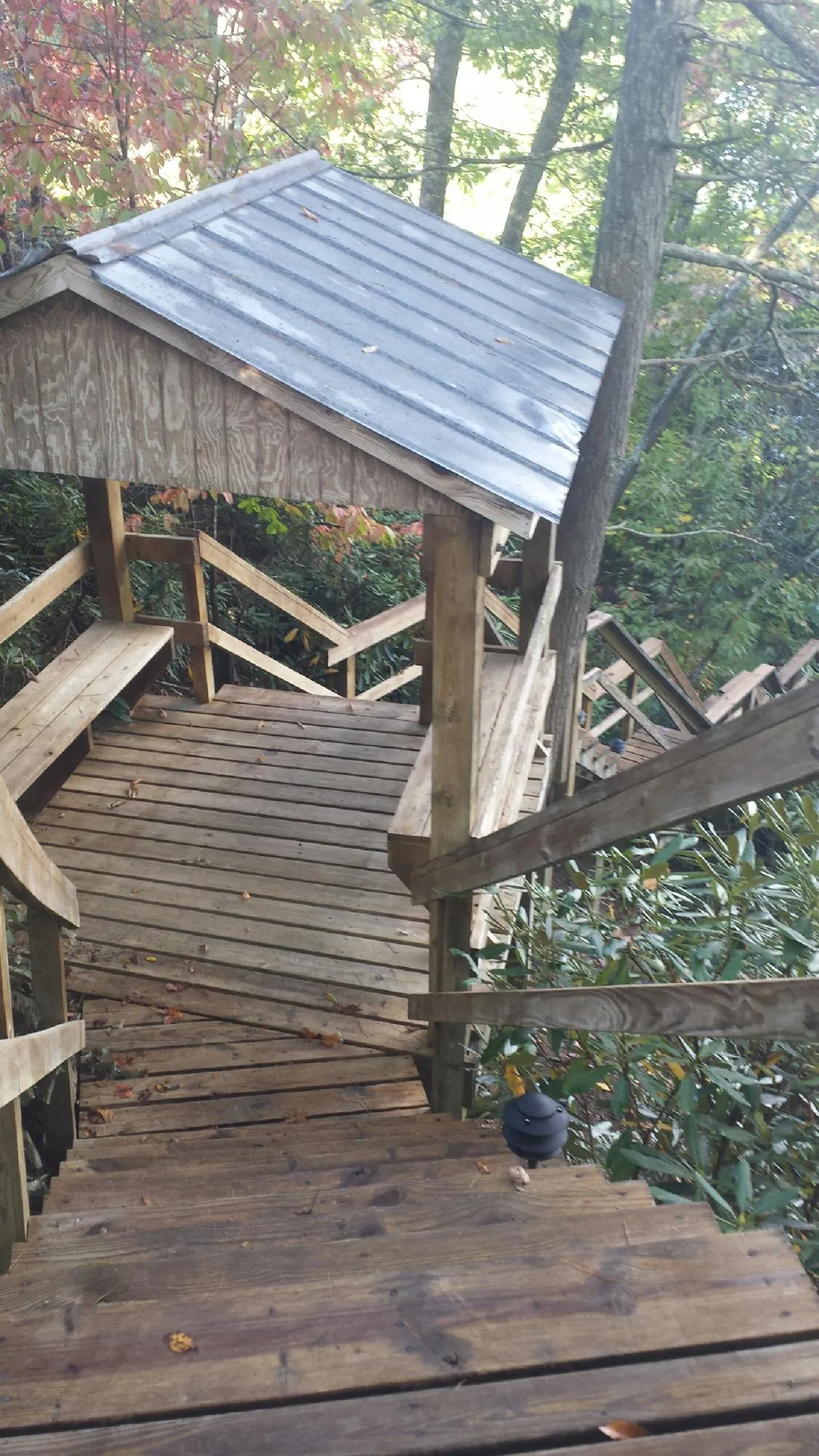 Metal roofed shelter over wooden steps on a wooded walkway — Skylight Repair & Installation work by our crew in Russells Point